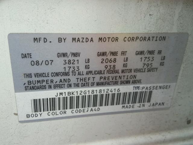 JM1BK12G181812416 - 2008 MAZDA 3 WHITE photo 10