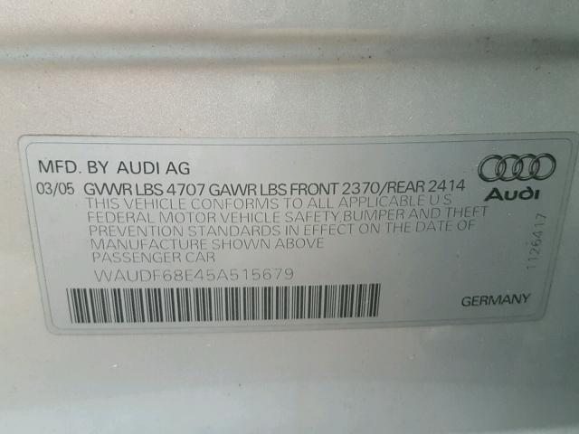 WAUDF68E45A515679 - 2005 AUDI A4 SILVER photo 10