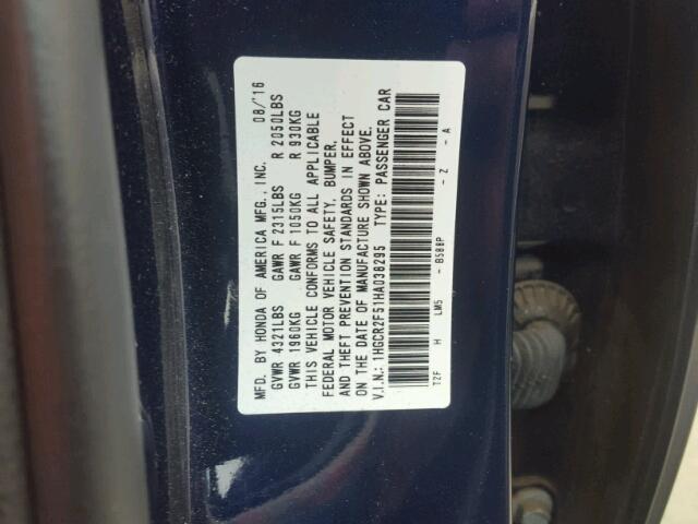 1HGCR2F51HA038295 - 2017 HONDA ACCORD SPO BLUE photo 10