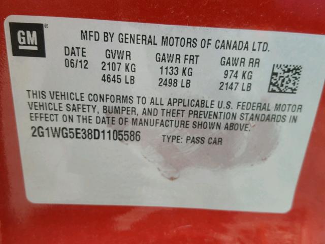 2G1WG5E38D1105586 - 2013 CHEVROLET IMPALA LT Темно-червоний фото 10