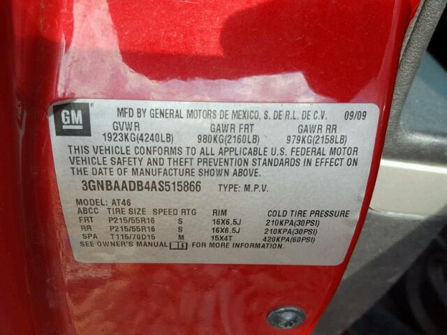 3GNBAADB4AS515866 - 2010 CHEVROLET HHR LS Rojo foto 10