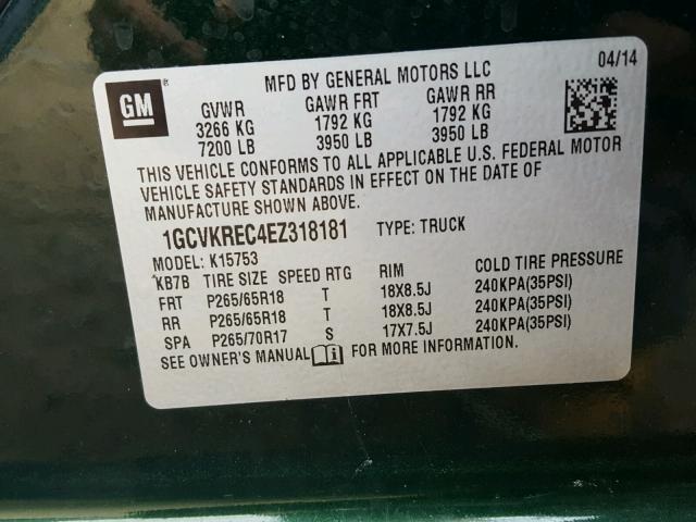 1GCVKREC4EZ318181 - 2014 CHEVROLET SILVERADO GREEN photo 10