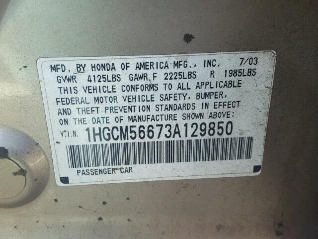 1HGCM56673A129850 - 2003 HONDA ACCORD EX TAN photo 10