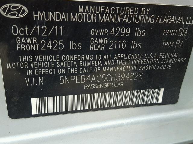 5NPEB4AC5CH394828 - 2012 HYUNDAI SONATA GLS SILVER photo 10