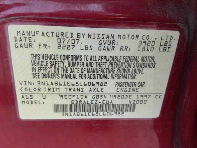 3N1AB61E68L606982 - 2008 NISSAN SENTRA 2.0 BURGUNDY photo 10