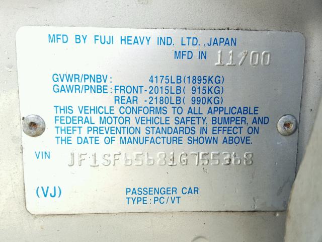 JF1SF65681G755368 - 2001 SUBARU FORESTER S ვერცხლისფერი ფოტო 10