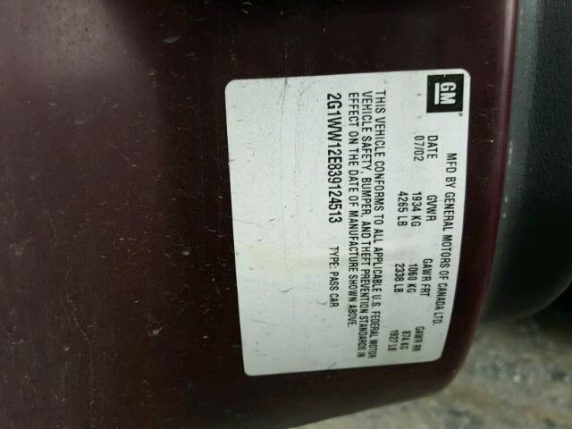 2G1WW12E839124513 - 2003 CHEVROLET MONTE CARL 勃艮第红 照片 10