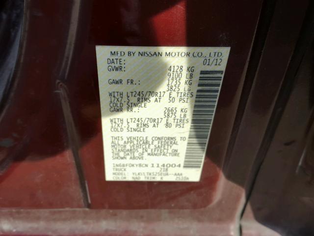 1N6BF0KY8CN114004 - 2012 NISSAN NV 1500 BURGUNDY photo 10