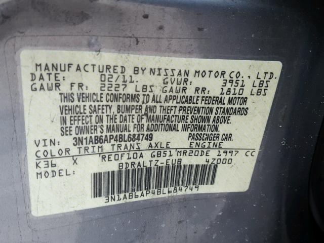 3N1AB6AP4BL684749 - 2011 NISSAN SENTRA 2.0 GRAY photo 10