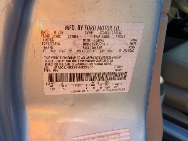 1FMCU49339KB29935 - 2009 FORD ESCAPE HYB BLUE photo 10