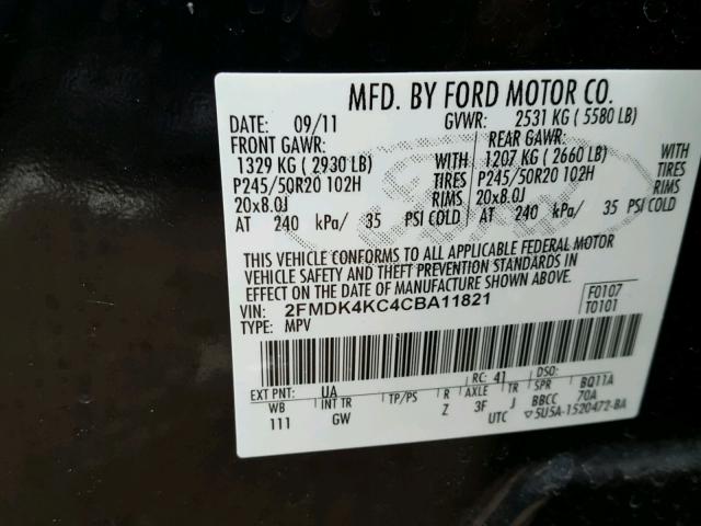 2FMDK4KC4CBA11821 - 2012 FORD EDGE LIMIT BLACK photo 10