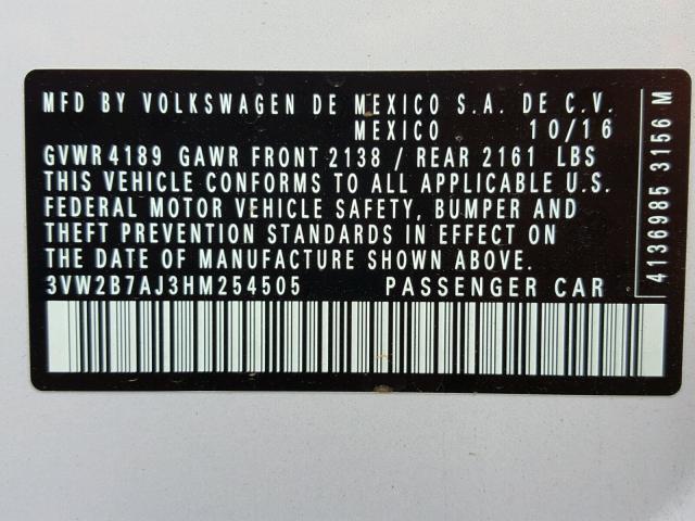 3VW2B7AJ3HM254505 - 2017 VOLKSWAGEN JETTA S Ağ foto 10