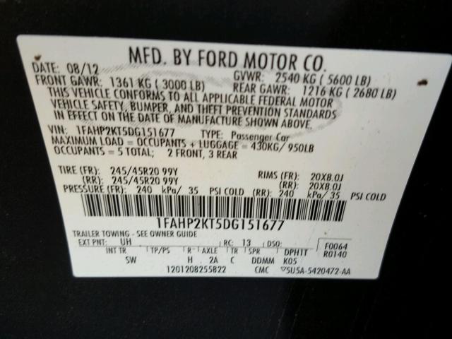 1FAHP2KT5DG151677 - 2013 FORD TAURUS BLACK photo 10