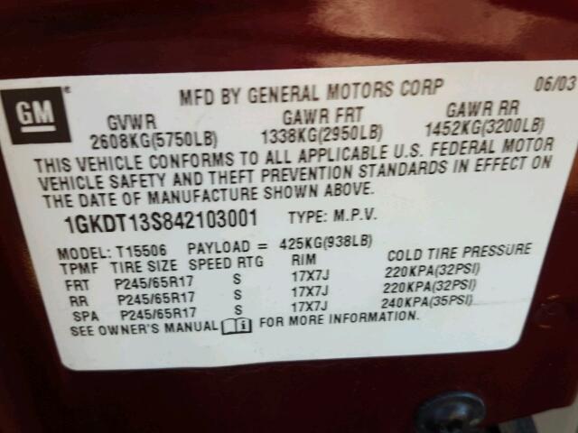 1GKDT13S842103001 - 2004 GMC ENVOY BURGUNDY photo 10