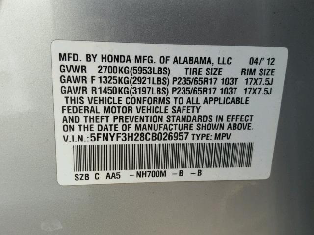 5FNYF3H28CB026957 - 2012 HONDA PILOT LX SILVER photo 10