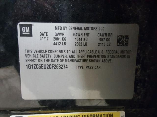 1G1ZC5EU2CF268274 - 2012 CHEVROLET MALIBU 1LT BLACK photo 10