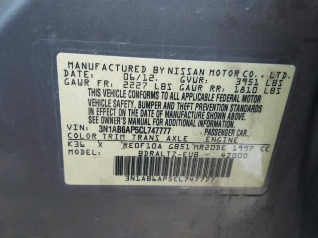 3N1AB6AP5CL747777 - 2012 NISSAN SENTRA GRAY photo 10