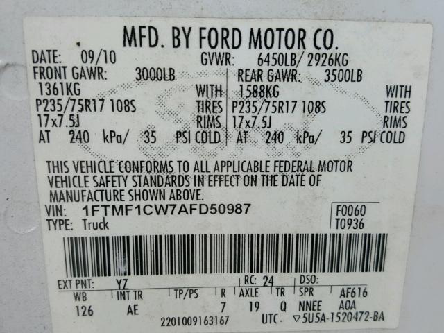 1FTMF1CW7AFD50987 - 2010 FORD F150 WHITE photo 10