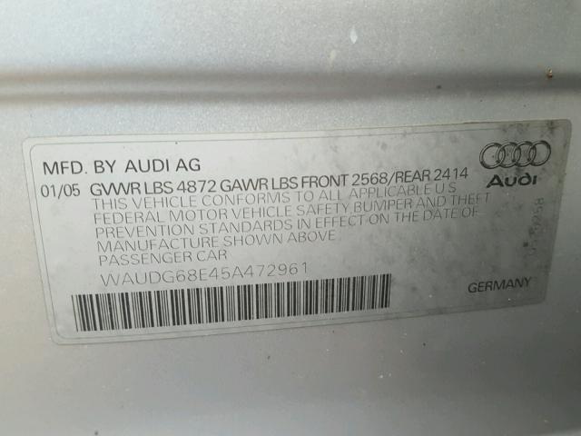 WAUDG68E45A472961 - 2005 AUDI A4 3.2 QUA SILVER photo 10