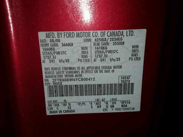 2FTRX08W6YCB00412 - 2000 FORD F150 RED photo 10