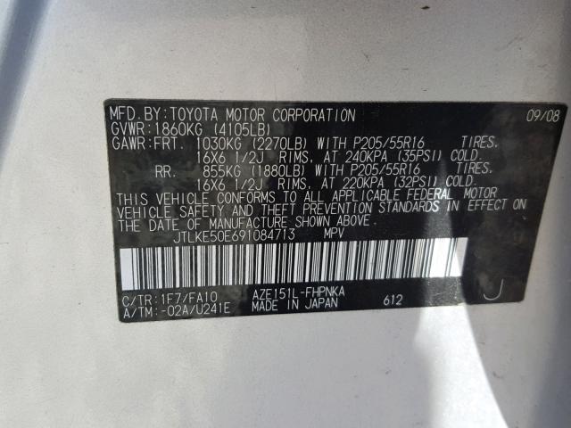 JTLKE50E691084713 - 2009 SCION XB SILVER photo 10