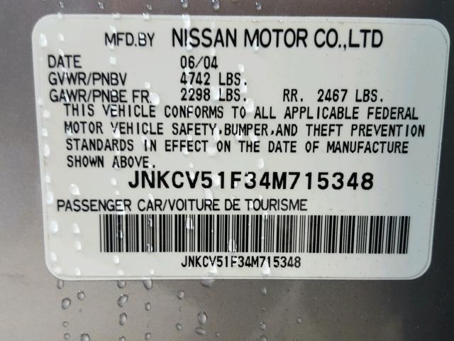 JNKCV51F34M715348 - 2004 INFINITI G35 SILVER photo 10