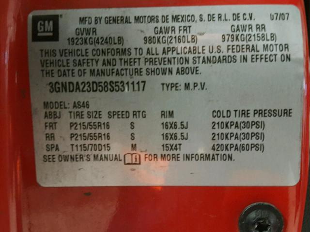 3GNDA23D58S531117 - 2008 CHEVROLET HHR LT RED photo 10