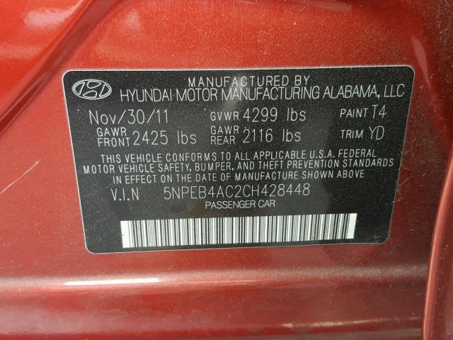 5NPEB4AC2CH428448 - 2012 HYUNDAI SONATA GLS RED photo 10