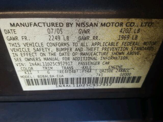 1N4AL11D25C952917 - 2005 NISSAN ALTIMA S SILVER photo 10