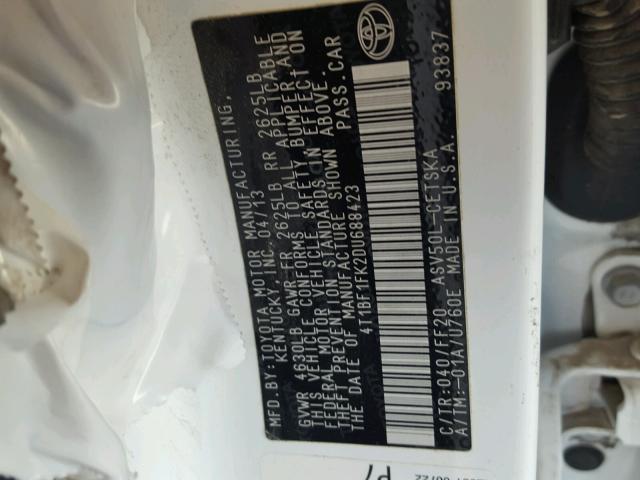 4T1BF1FK2DU688423 - 2013 TOYOTA CAMRY L 白色 照片 10