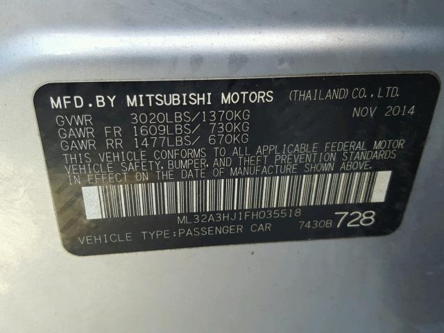 ML32A3HJ1FH035518 - 2015 MITSUBISHI MIRAGE DE SILVER photo 10