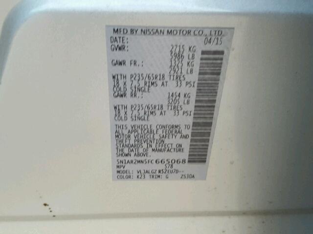 5N1AR2MN5FC665068 - 2015 NISSAN PATHFINDER SILVER photo 10