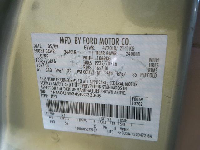 1FMCU49349KC33365 - 2009 FORD ESCAPE HYB GREEN photo 10