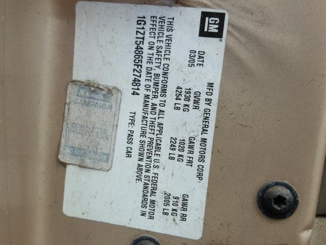 1G1ZT54865F274814 - 2005 CHEVROLET MALIBU LS თაფლისფერი ფოტო 10