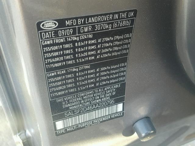 SALSF2D46AA220795 - 2010 LAND ROVER RANGE ROVE SILVER photo 10