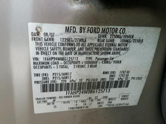 1FAHP24W08G125713 - 2008 FORD TAURUS SILVER photo 10