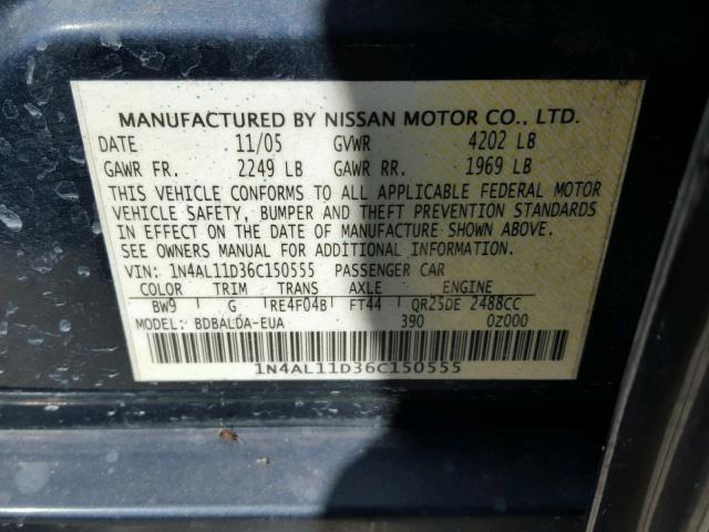 1N4AL11D36C150555 - 2006 NISSAN ALTIMA S BLUE photo 10