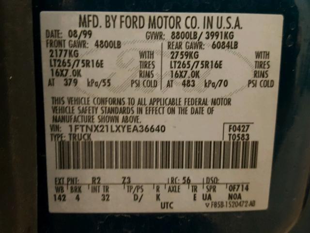 1FTNX21LXYEA36640 - 2000 FORD F250 SUPER GREEN photo 10