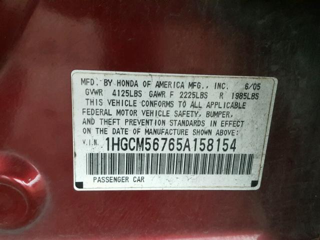 1HGCM56765A158154 - 2005 HONDA ACCORD BURGUNDY photo 10