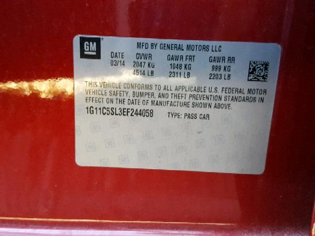 1G11C5SL3EF244058 - 2014 CHEVROLET MALIBU 1LT RED photo 10