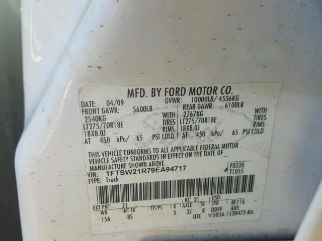 1FTSW21R79EA94717 - 2009 FORD F250 SUPER WHITE photo 10