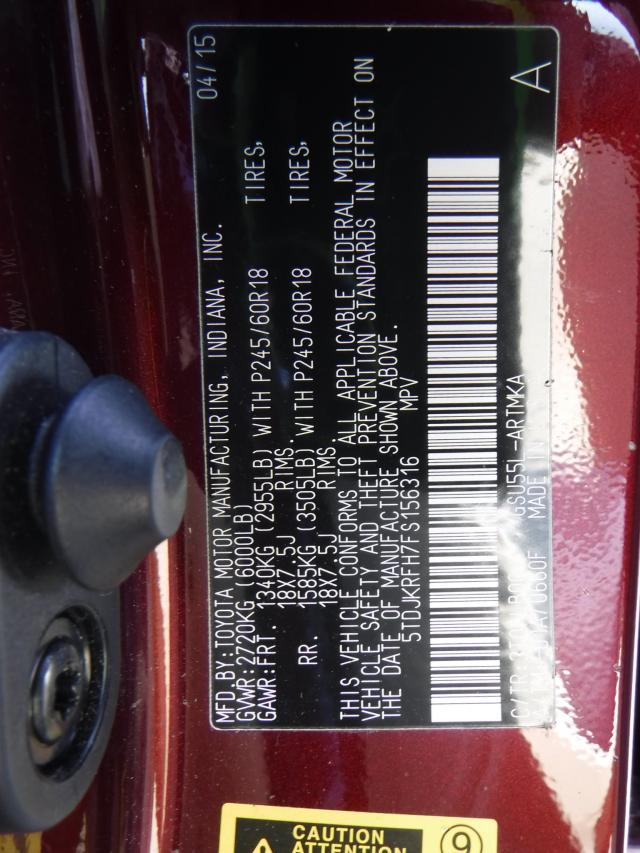 5TDJKRFH7FS156316 - 2015 TOYOTA HIGHLANDER MAROON photo 10