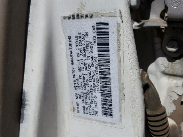 1Y1SK5283YZ402391 - 2000 CHEVROLET GEO PRIZM 白色 照片 10