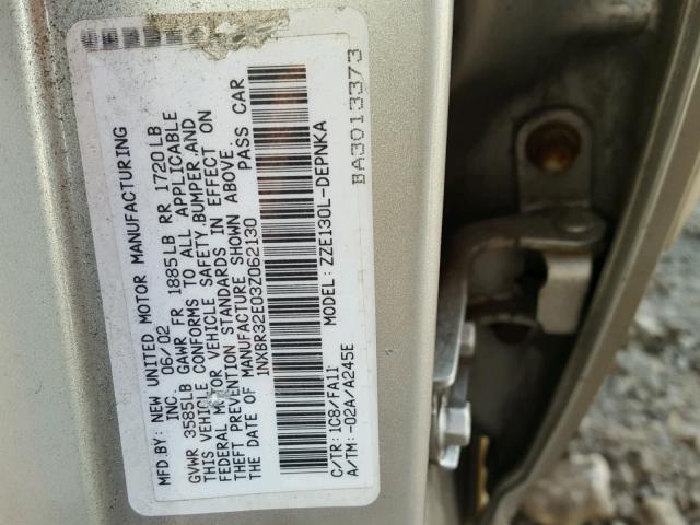 1NXBR32E03Z062130 - 2003 TOYOTA COROLLA CE SILVER photo 9