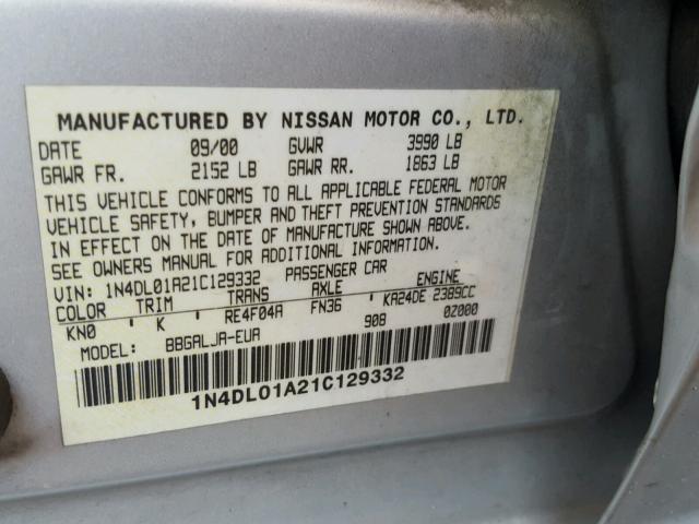 1N4DL01A21C129332 - 2001 NISSAN ALTIMA GXE SILVER photo 10