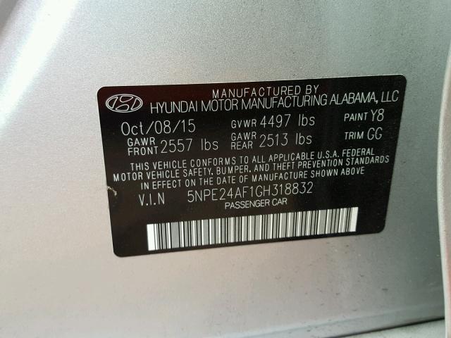 5NPE24AF1GH318832 - 2016 HYUNDAI SONATA SE SILVER photo 10