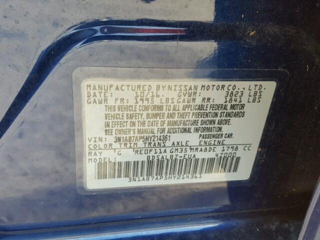 3N1AB7AP5HY214361 - 2017 NISSAN SENTRA BLUE photo 10