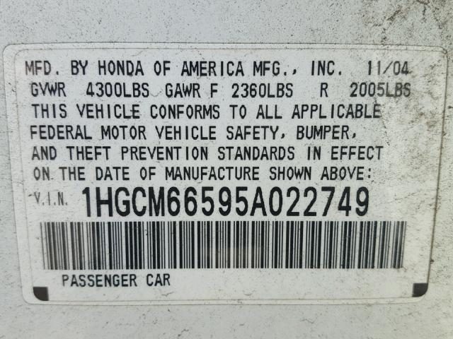 1HGCM66595A022749 - 2005 HONDA ACCORD EX WHITE photo 10