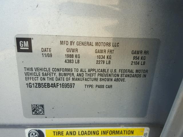 1G1ZB5EB4AF169597 - 2010 CHEVROLET MALIBU LS ვერცხლისფერი ფოტო 10