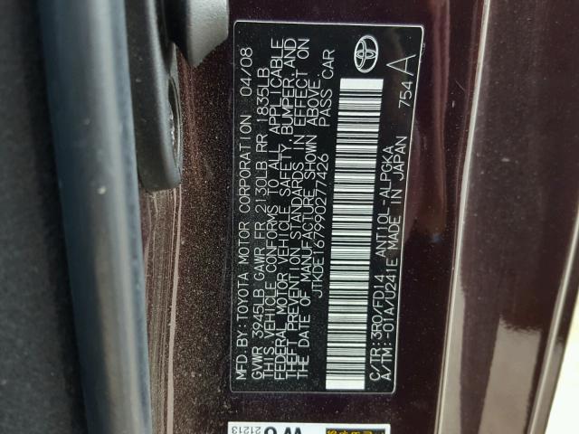 JTKDE167990277426 - 2009 TOYOTA SCION TC 栗色 照片 10